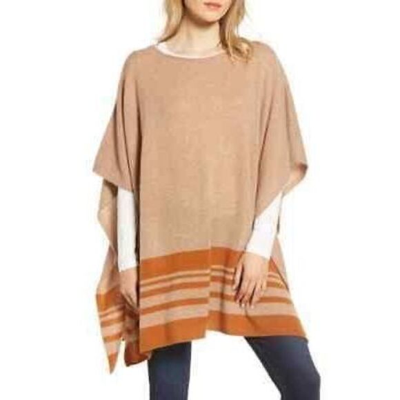 Halogen 100% Cashmere Strip Border Poncho in Tan O/S - Picture 8 of 8